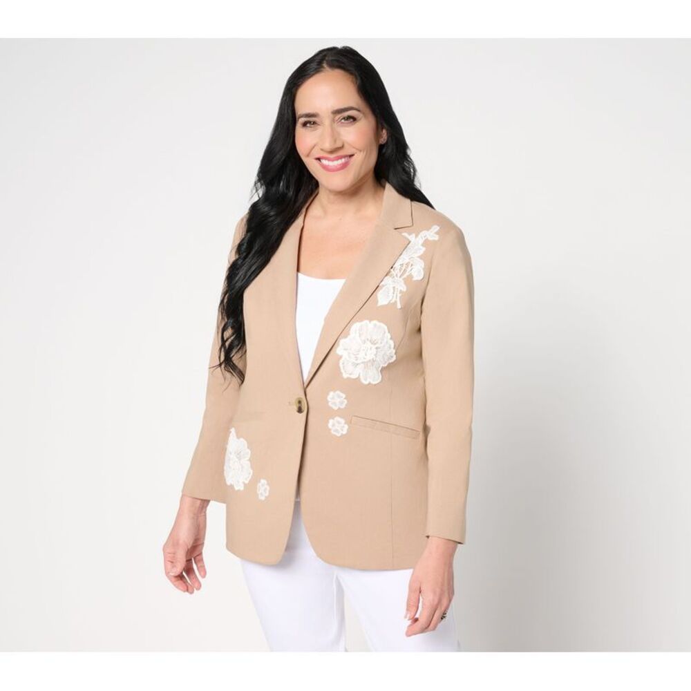 Susan Graver Women's Jacket Sz M Ultra Blazer Lace Appliques DARK BEIGE A691358